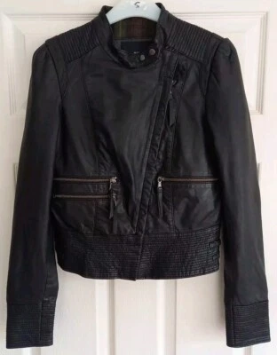 MANGO WOMENS BLACK GENUINE SOFT LEATHER BIKER MOTORCYCLE STYLE JACKET SIZE S VGC - Image 1 of 4