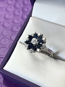 💎 18K White Gold .55 Ctw VS Diamond & Blue Sapphire Ring Size 8.75 - Picture 1 of 10