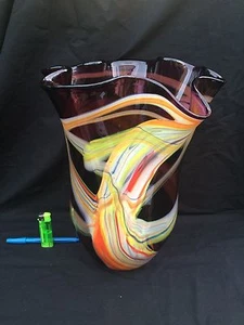 MURANO VERY LARGE  14,2 " HAND BLOWN GLASS ART FLUTED BOWL VASE MULTICOULORED  - Picture 1 of 10