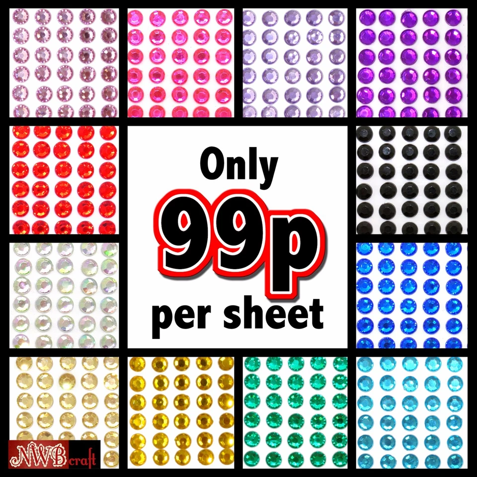 NWB CRAFT Self-Adhesive Stick On Diamante Rhinestone Gems 2mm 3mm 4mm 5mm 6mm