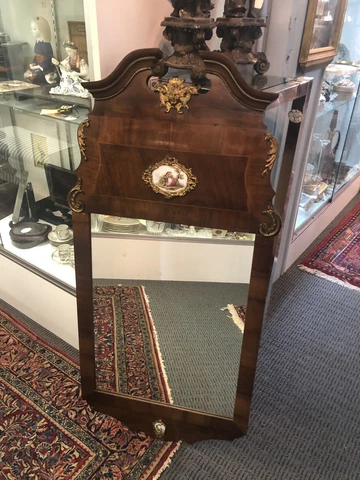 Antique French Neo Classical Walnut Veneer Wall Pier Mirror Porcelain Medallion Cover