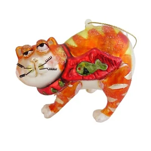 Vintage Whimsical Cat w/ Fish Scarf Glass Christmas Tree Ornament 4" - Picture 1 of 7