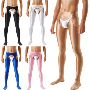 Mens Sexy Glossy Pantyhose Crotchless Sport Long Pants Tights Trousers Nightwear - Picture 1 of 55