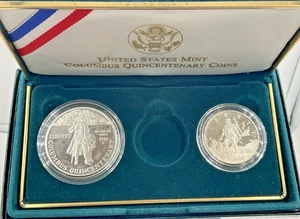 1992 Proof Columbus 2 Coin Silver Commemorative Set W/ Box & COA - Picture 1 of 7