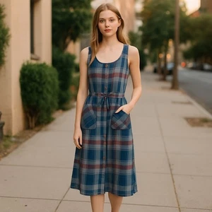 Vintage Plaid Cotton Twill Sundress Size 7 Cinch Waist, Button Down, Cottagecore - Picture 1 of 10