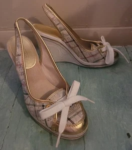 Vintage 1990s Emilanna Gold Plaid slingback wedge sneakers by Coach sz 6.5 - Picture 1 of 13