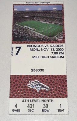 Denver Broncos Oakland Raiders MILE HIGH Stadium NFL Ticket Stub 11/13/2000 - Image 1 of 2