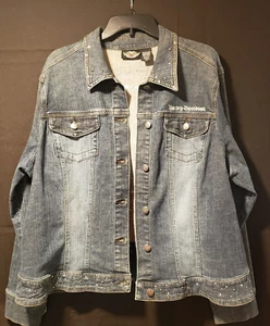 Women's Harley Davidson Studded Rhinestone Pink Wings Denim Jacket size 2W - Picture 1 of 13