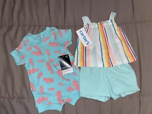 Baby Girl Newborn Outfits, Seahorse Zipper Bodysuit Romper, Rainbow Summer Set - Picture 1 of 4