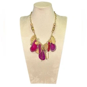 NWT Chico’s Neutral Wood Pink Acate Semi-Precious Stones Gold Necklace - Picture 1 of 5