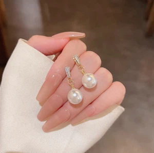 Women Gold Plated Clear CZ Pearl Drop Dangle 925 Silver Post Stud Earrings AD - Picture 1 of 4