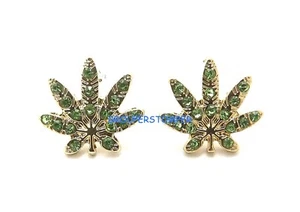 Weed Earrings Green Crystal Rhinestone Marijuana Leaf Kush Cannabis Post Style - Picture 1 of 8