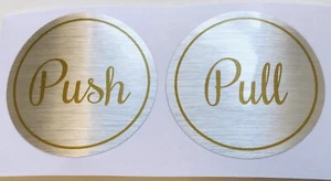 push pull stick door signs Brushed Steel Effect Gold Writing 6.5 Cm X 6.5 Cm - Picture 1 of 1