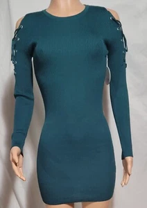 Full Circle Women Green Tight Sweater Dress with Criss Cross Design Long Sleeve - Picture 1 of 4