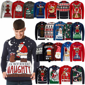 Mens Christmas Jumper Funny Novelty Xmas Pullover Sweater Knitted Santa Reindeer