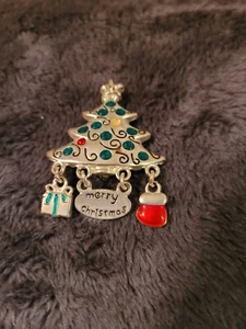 Vintage Christmas Tree Pin Brooch Silvertone  - Picture 1 of 3