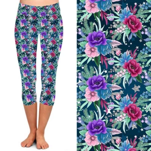 Pink Purple Blue Floral Flower Leaves Women's CAPRI Leggings Plus Size TC 10-18 - Picture 1 of 1