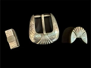 Taiwan ROC Silver Tone Buckle Keeper & End Tip Set Etched Vintage NEW - Picture 1 of 5