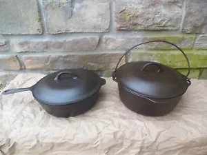 Vintage Lodge Cast Iron #8 Chicken Fryer & #8 Dutch Oven With Fancy Handle Lids - Picture 1 of 24