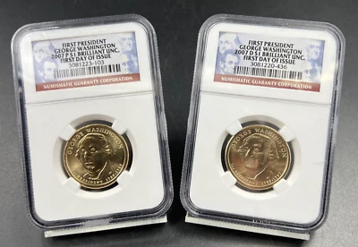 2007 P & D $1 George Washington Presidential Dollar Two Coin Set NGC FDOI BU - Image 1 of 4