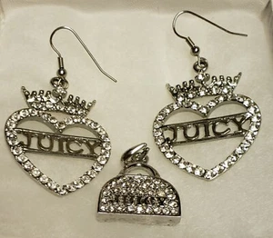 Heart Crown Earrings and Pendant Set Studded Clear Crystals Y2K Statement  - Picture 1 of 4