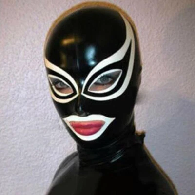 Black Latex Hood with White Trim Open Unique Eyes and Mouth Unisex Rubber Mask - Image 1 of 2