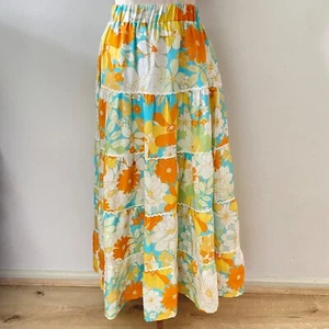 AERE Womens Maxi Skirt Size 8 Floral Orange Blue Linen Tiered Boho Ric Rac Trim - Picture 1 of 15
