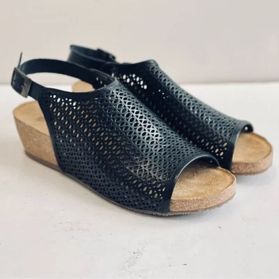 Eric Michael Wedge Sandals EU 39 US 8 Laser Cut Cork Black Perforated Leather - Image 1 of 4