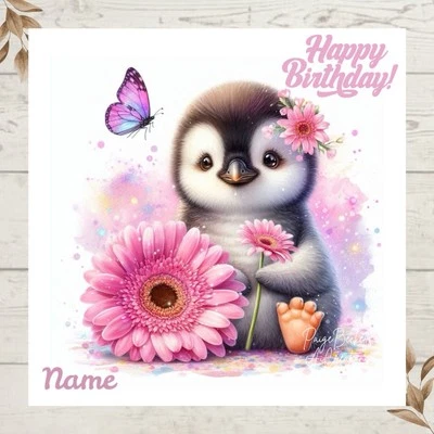PAIGE BECKETT’S AI CREATIONS Personalised PENGUIN With Gerbera Flowers & Butterfly Birthday Card ANY NAME