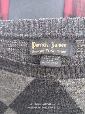 Patrick James Signature Mens Merino Wool Argyle Sweater Large Gray Pullover - Image 1 of 2