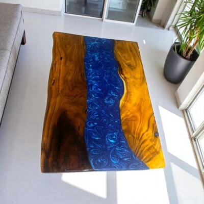 36"x24"Blue Epoxy Resin Dining Table Handmade Wooden Live Edge Kitchen Home Deco - Image 1 of 4