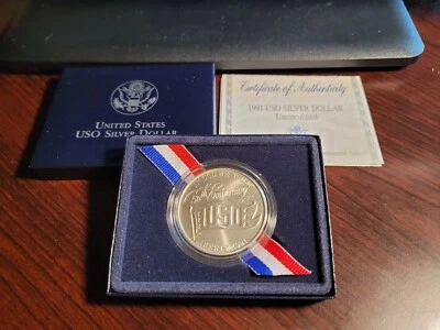 1991 D SILVER USO COMMEMORATIVE UNCIRCULATED DOLLAR OGP, COA - Image 1 of 4