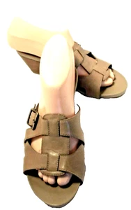 WHITE MT TAUPE-BROWN LEATHER HEELS OPEN-BACK CLOGS Mules PUMPS SANDALS 7.5M - Picture 1 of 12