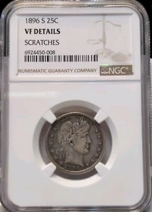 1896-S Barber Quarter 25c NGC VF Details Scratches, Original Surfaces/ Patina - Picture 1 of 7