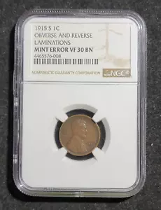 1915-S Lincoln Wheat Cent NGC Mint Error VF 30 Brown Obv & Reverse Lamination - Picture 1 of 5