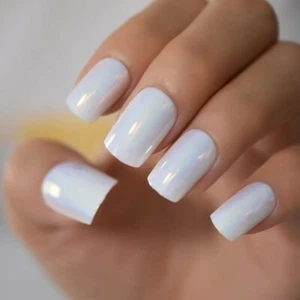 Icy White Press on Nails Holographic mit Kleber kurz Chrom Chamäleon  - Bild 1 von 6