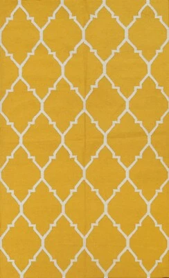 Reversible GOLD IVORY Trellis Durrie-Kilim Oriental Area Rug Flat-Weave Wool 5x8 - Image 1 of 4