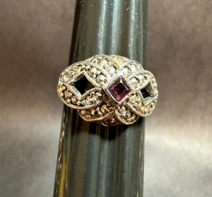 Vintage Avon Art Deco Ring Purple Center Rhinestone Marcasite Size 8 - Picture 1 of 8