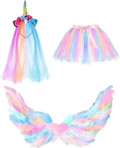 Ramede Fairy Wings Skirt Unicorn Fairy Dress Costume Rainbow Set 3pc - Picture 1 of 6
