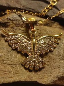 Damen Halskette in Gold Feuer Phönix mit funkelnden Steinchen dezent auffällig - Bild 1 von 6