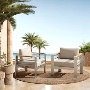 Patio Modern Aluminum Club Chair  Single Sofa with Beige Cushion, Set of 2 - Picture 1 of 10