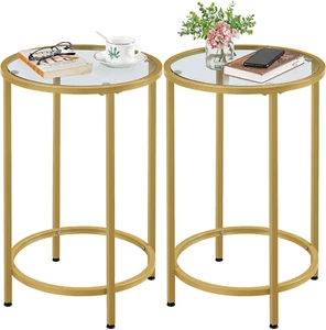 Gold Side Table Set of 2, round End Tables Tall Nightstand Bedside Table Set W/G - Picture 1 of 9