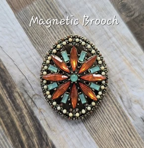 Orange, Green colored crystal MAGNETIC brooch, Western brooch. Fall jewelry - Picture 1 of 9