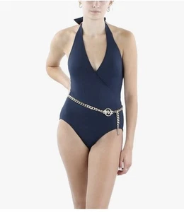 MICHAEL Kors New Navy Chain Solid V-Neck Halter One-Piece Swimsuit Size 10 - Picture 1 of 9