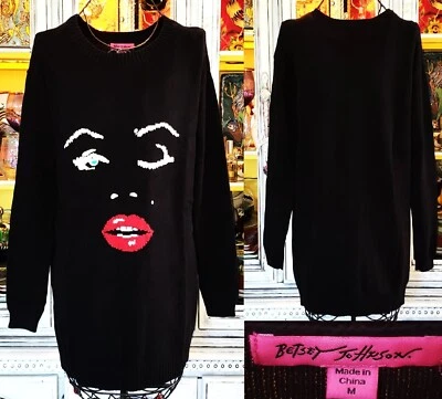 Vintage Betsey Johnson Y2K Marilyn Monroe Wink Tunic Top Black Sweater Dress M L - Image 1 of 4