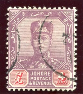 Malaya Johore 1910 KGV 4c dull purple & carmine (wmk horizontal) VFU. SG 81a. - Picture 1 of 1