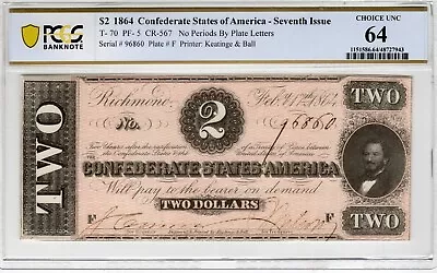 T-70 PF-5 1864 $2 Confederate Paper Money - PCGS-B Choice Uncirculated 64! - Image 1 of 2