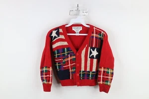 Vintage 90s Toddler Boys Small 4T 5T Hand Knit Flag Checkered Cardigan Sweater - Picture 1 of 14