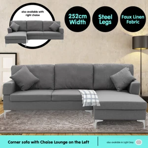 3 Seater Sofa Left Chaise Bed Lounge Couch Furniture Linen Fabric- Dark Grey - Picture 1 of 11