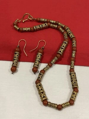 Juego de collar y pendientes bizantinos etruscos cuentas de jaspe rojo óxido tono dorado MMA Foto 1 de 4